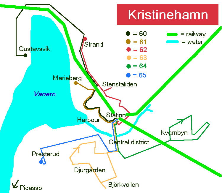 Schematic map over Kristinehamn bus network.